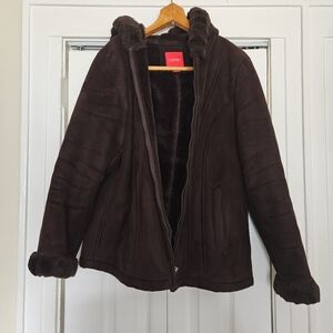 ESPIRIT Faux Suede Faux Fur Chocolate Brown Plush Hooded Jacket Coat Size: XL